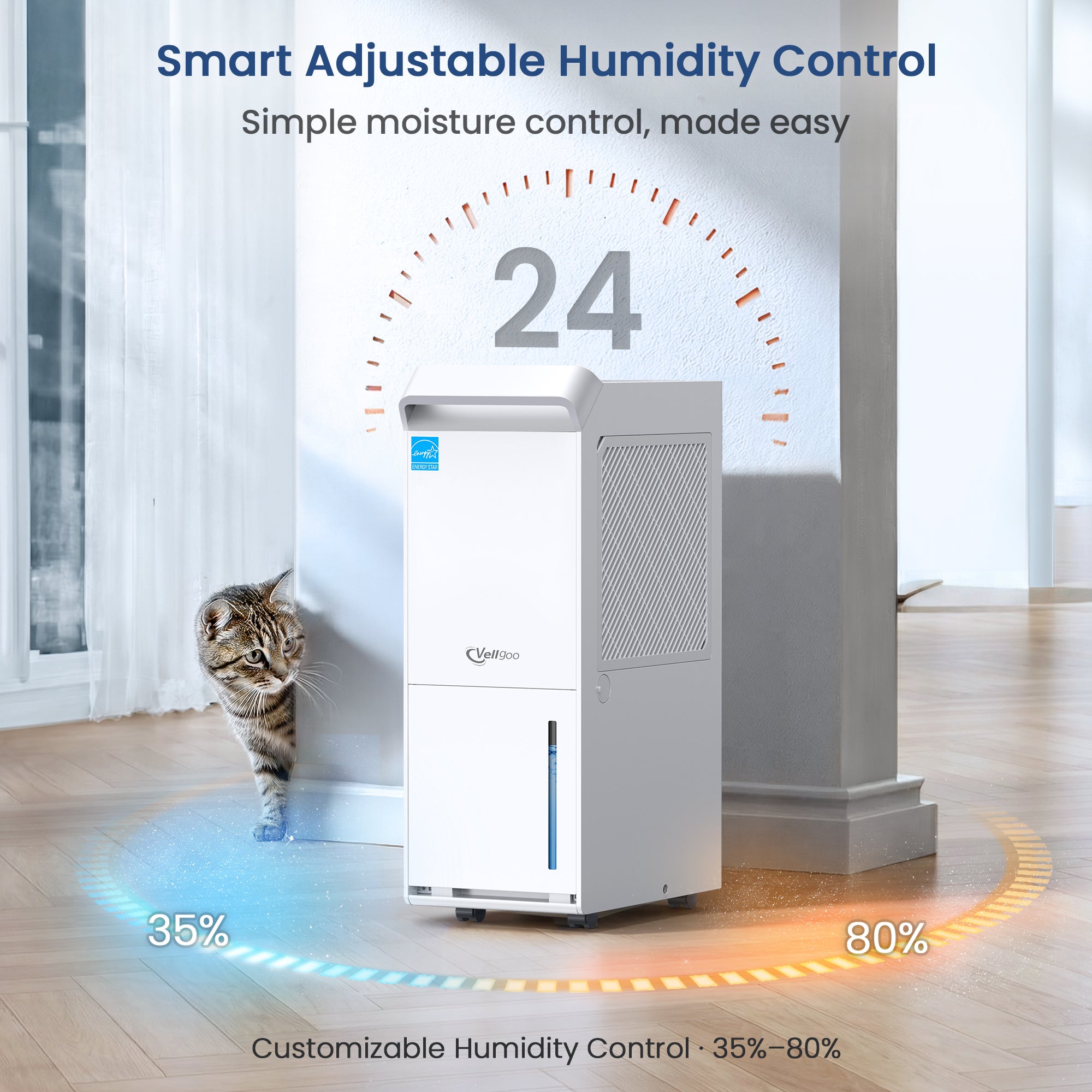 Vellgoo 80 Pint Dehumidifier DryTank S Model for Large Rooms up to 4,500 Sq.Ft.