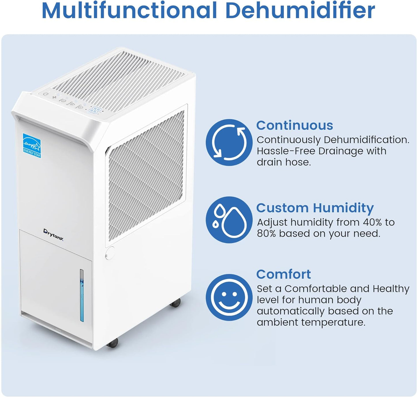 3,200 Sq.Ft Energy Star Dehumidifier for Basement with Drain Hose, 36 Pint DryTank Dehumidifiers for Large Room, Suit for Garden Hose, Intelligent Humidity Control, 24H Timer White
