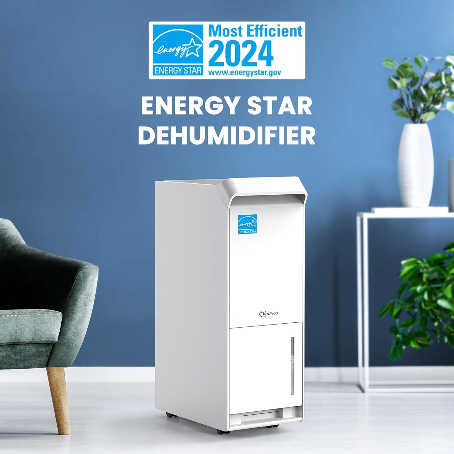 Vellgoo 4,500 Sq.Ft Most Efficient Energy Star 2024 Dehumidifier, 52 Pint/Day Dehumidifier for Basement with Drain Hose, Smart Humidity Control, for Home, Bedroom, Bathroom, Garage