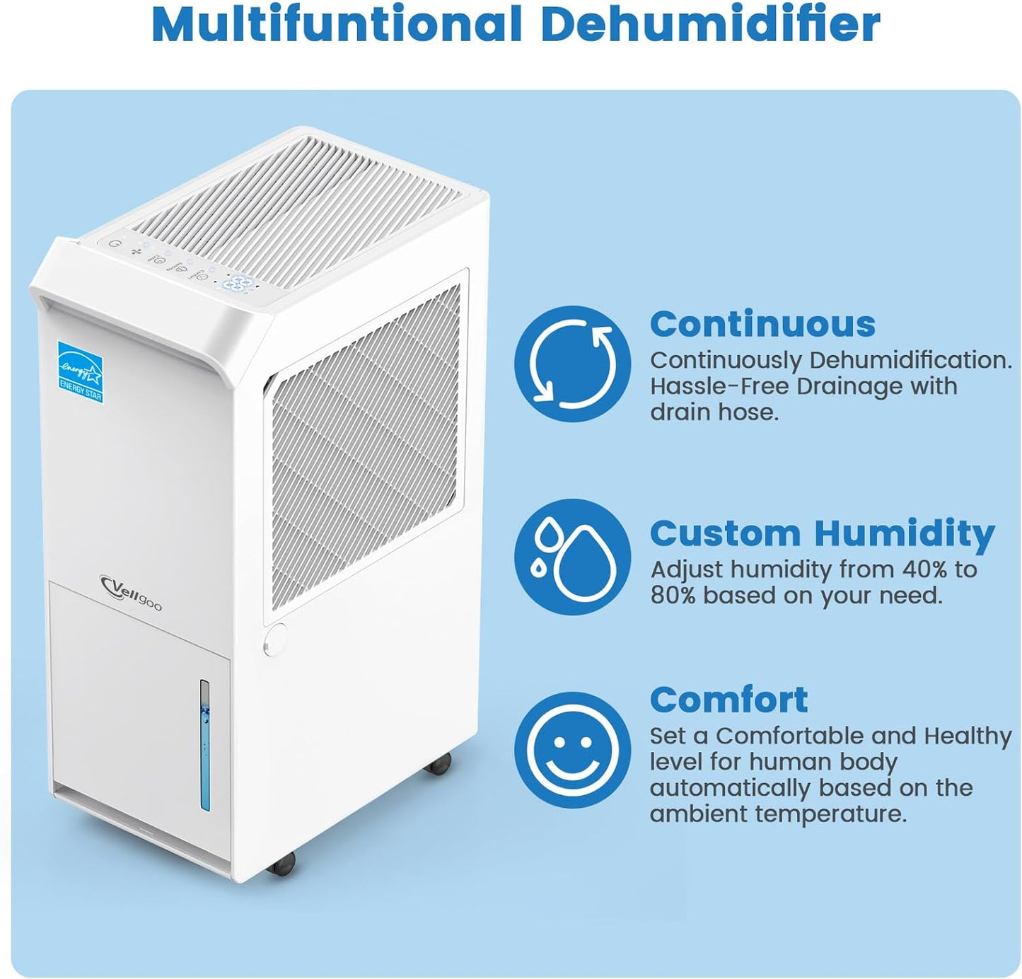 Vellgoo 4,500 Sq.Ft Most Efficient Energy Star 2024 Dehumidifier, 52 Pint/Day Dehumidifier for Basement with Drain Hose, Smart Humidity Control, for Home, Bedroom, Bathroom, Garage