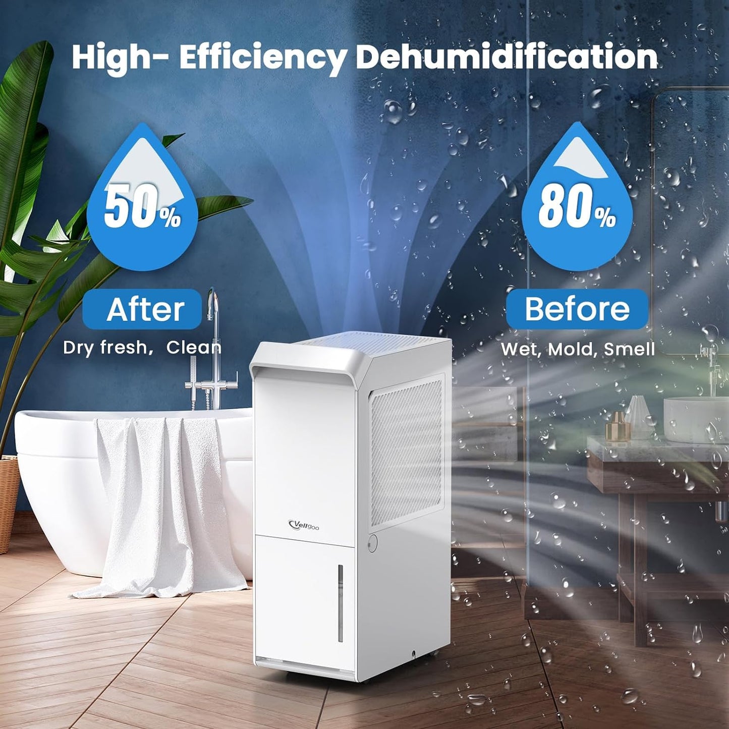 Vellgoo 4,500 Sq.Ft Most Efficient Energy Star 2024 Dehumidifier, 52 Pint/Day Dehumidifier for Basement with Drain Hose, Smart Humidity Control, for Home, Bedroom, Bathroom, Garage