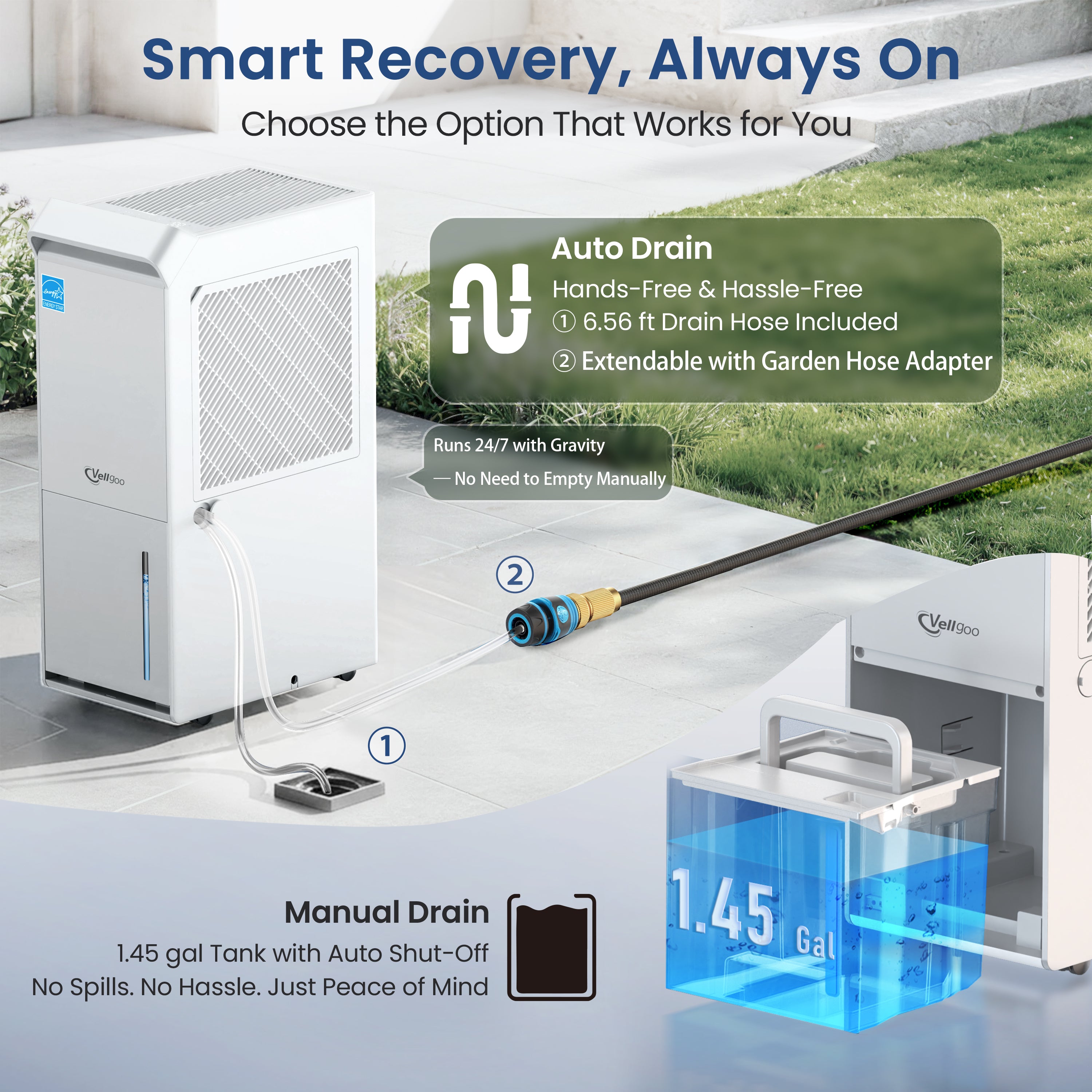 Vellgoo 80 Pint Dehumidifier DryTank S Model for Large Rooms up to 4,500 Sq.Ft.