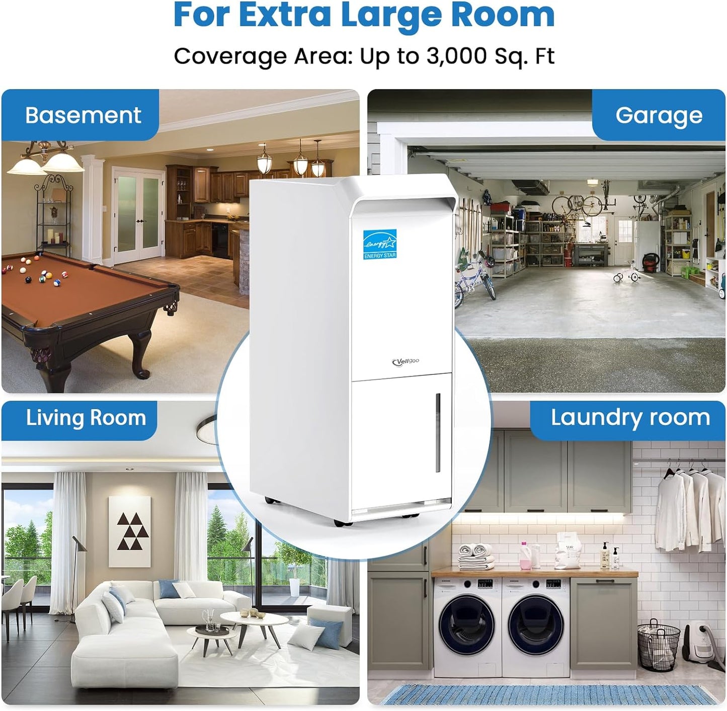 Vellgoo 4,500 Sq.Ft Most Efficient Energy Star 2024 Dehumidifier, 52 Pint/Day Dehumidifier for Basement with Drain Hose, Smart Humidity Control, for Home, Bedroom, Bathroom, Garage