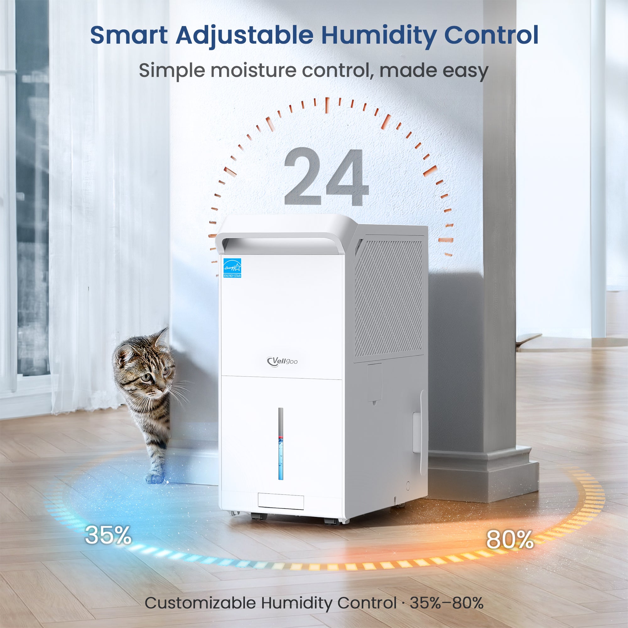 Vellgoo 80 Pints Dehumidifier DryTank S Model for large room 4,500 Sq.Ft