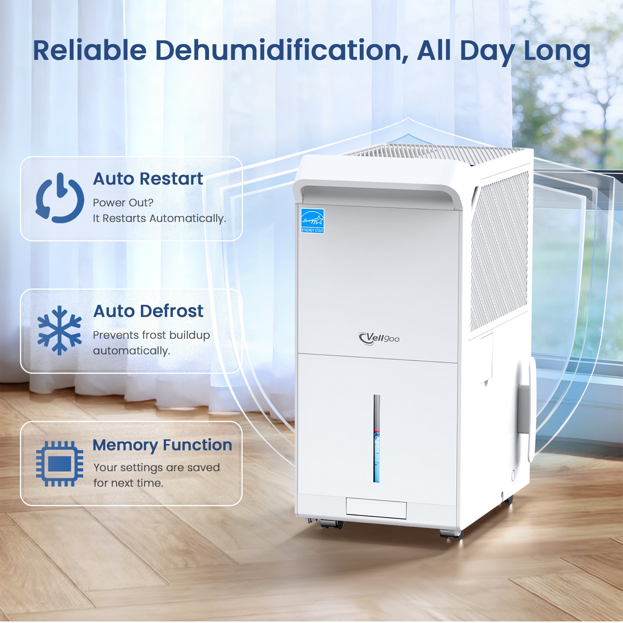 Vellgoo 80 Pints Dehumidifier DryTank S Model for large room 4,500 Sq.Ft