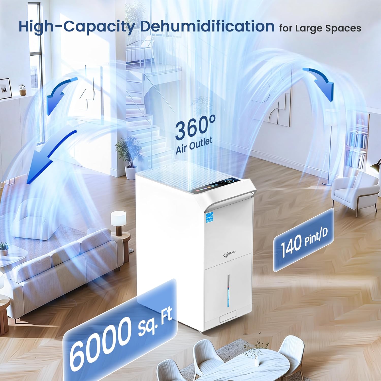 Vellgoo 140 Pints Energy Star Most Efficient 2025 Dehumidifier with Drain Hose( 6,000 Sq.Ft) for Large Room, Garage