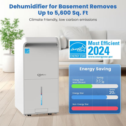 Déshumidificateur Energy Star de 5 600 pi2 pour sous-sol avec tuyau de drainage, déshumidificateurs DryTank Pro Series de 80 pintes pour grande pièce à la maison, contrôle intelligent de l'humidité 