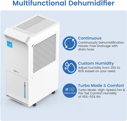 3,500 Sq.Ft Most Efficient Energy Star 2024 Dehumidifier, Vellgoo 35 Pint/Day Dehumidifier for Basement with Pump, Drain Hose, Intelligent Humidity Control, for Home Large Room