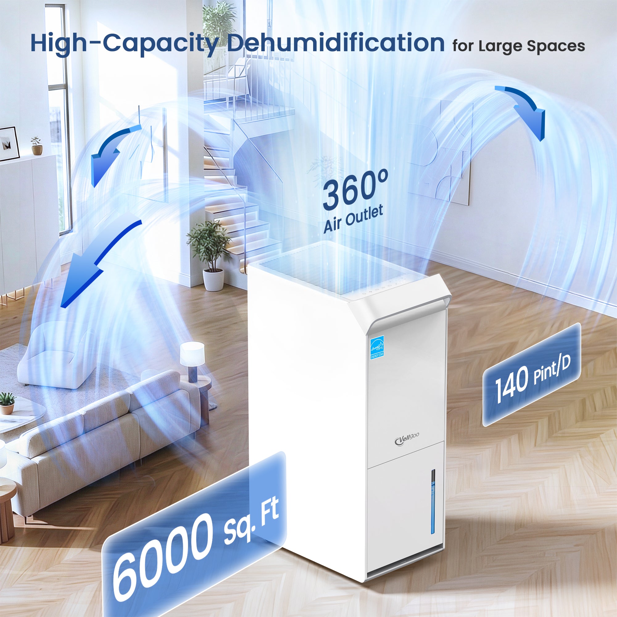 Vellgoo 80 Pint Dehumidifier DryTank S  Model for Large Rooms up to 4,500 Sq.Ft.